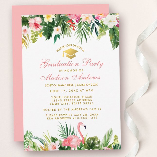 Graduierungspartei Tropisches, florales Rosa Gold Einladung (Customize to change text color, text size, style or color of back of card.)