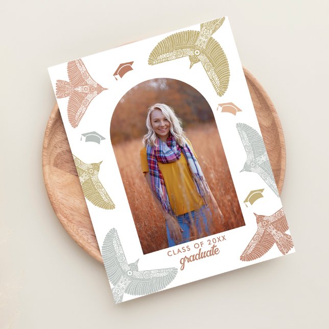 Graduierungspartei | Vogel Boho Folk Art Ankündigungspostkarte (Von Creator hochgeladen)