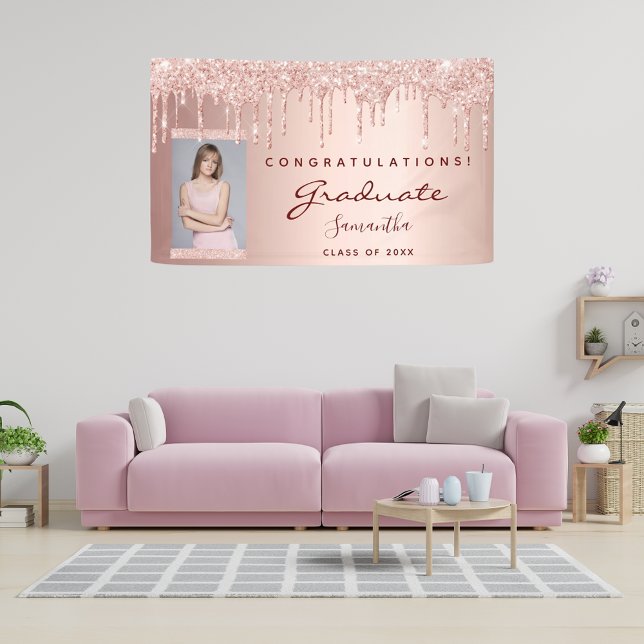 Graduierungsparty 2025 Foto Rose Gold Tropfen Banner (Von Creator hochgeladen)