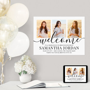 Graduierungsparty Begrüßung 3 FotoCollage Weiß Poster
