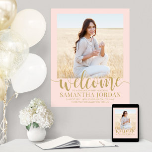 Graduierungsparty Begrüßung Foto Rosa und Gold Poster