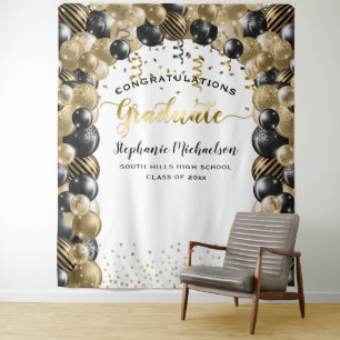 Graduierungsparty Black Gold Balloons Streamers Wandteppich