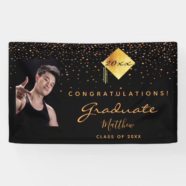 Graduierungsparty Black Gold Konfetti Foto Banner (Horizontal)