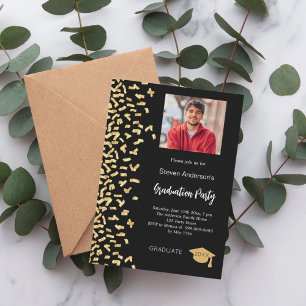 Graduierungsparty Black Gold Konfetti Foto Einladung