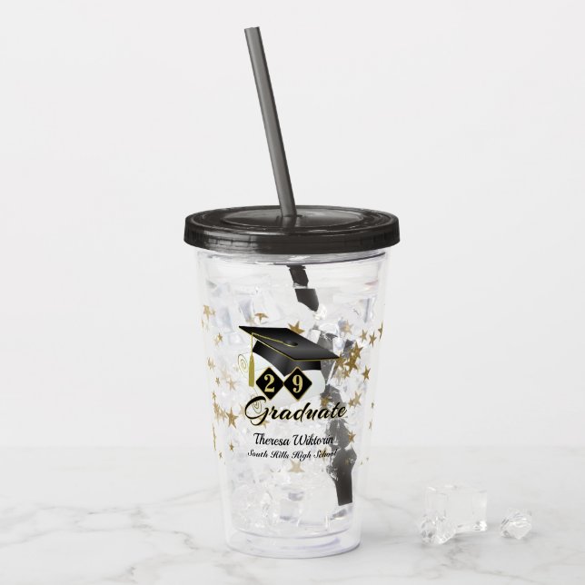 Graduierungsparty Black Gold Stars Personalisiert Acryltrinkbecher (Vorderseite Ice)