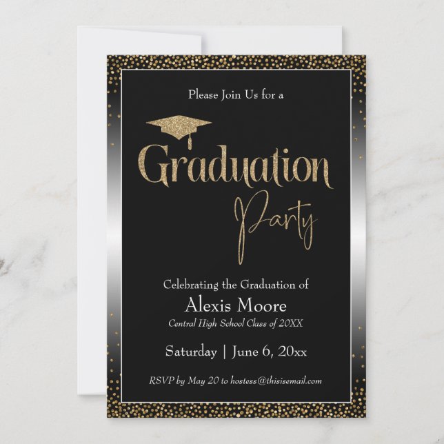 Graduierungsparty Black & White Ombre Gold Confett Einladung (Vorderseite)