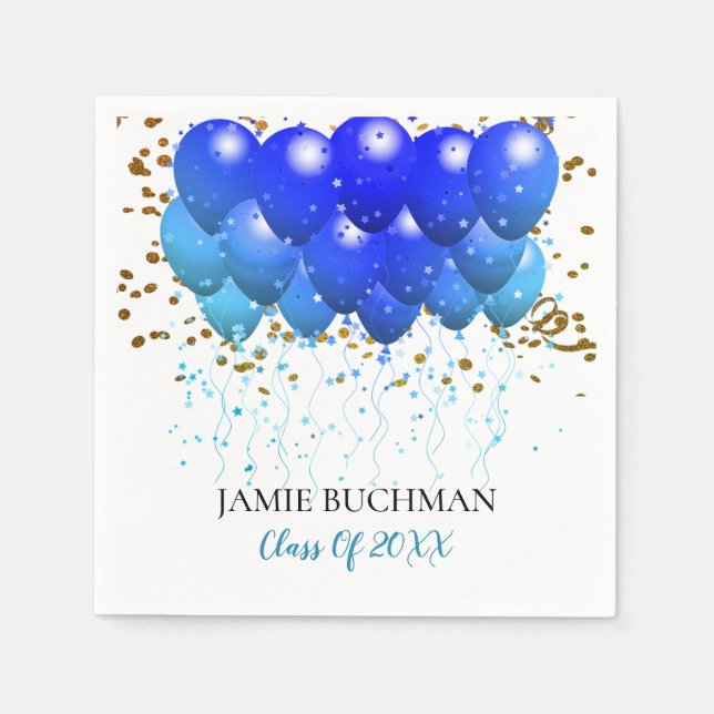 Graduierungsparty Blue Balloons Gold Confetti Serviette (Vorderseite)