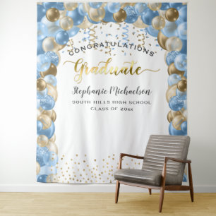 Graduierungsparty Blue Gold Balloons Streamers Wandteppich