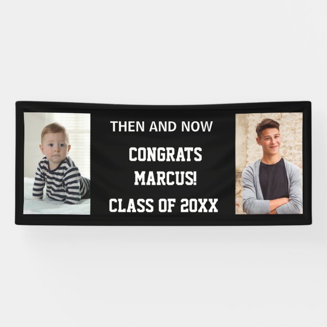 Graduierungsparty dann jetzt Baby Foto Glückwunsch Banner (Horizontal)