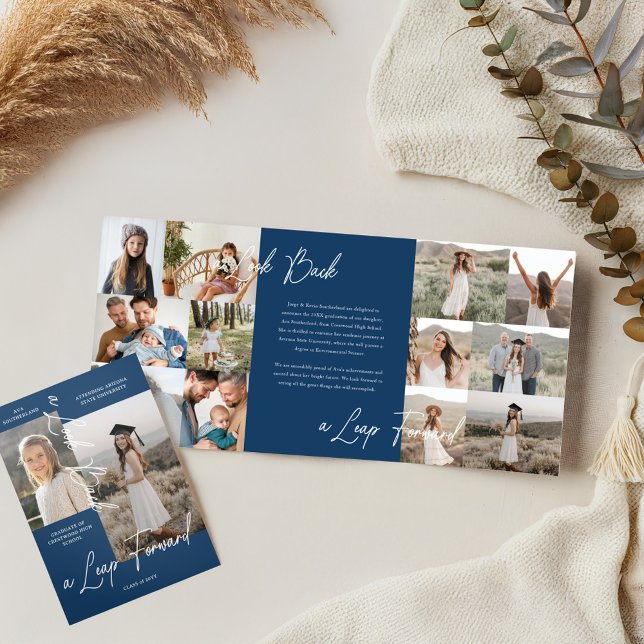 Graduierungsparty Dann & Jetzt Grad FotoCollage Dreifach Gefaltete Ankündigung (Graduation Party Then & Now Grad Photo Collage Tri-Fold Announcement (Inside & Cover))