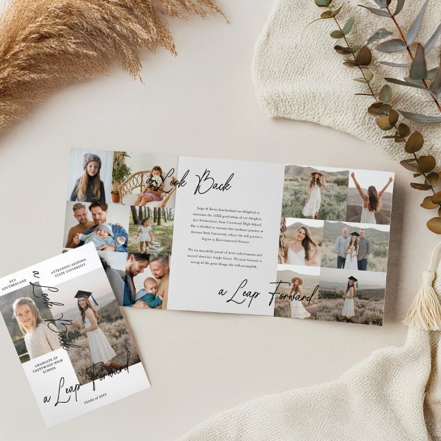 Graduierungsparty Dann & Jetzt Grad FotoCollage Dreifach Gefaltete Ankündigung (Graduation Party Then & Now Grad Photo Collage Tri-Fold Announcement (Inside & Cover))