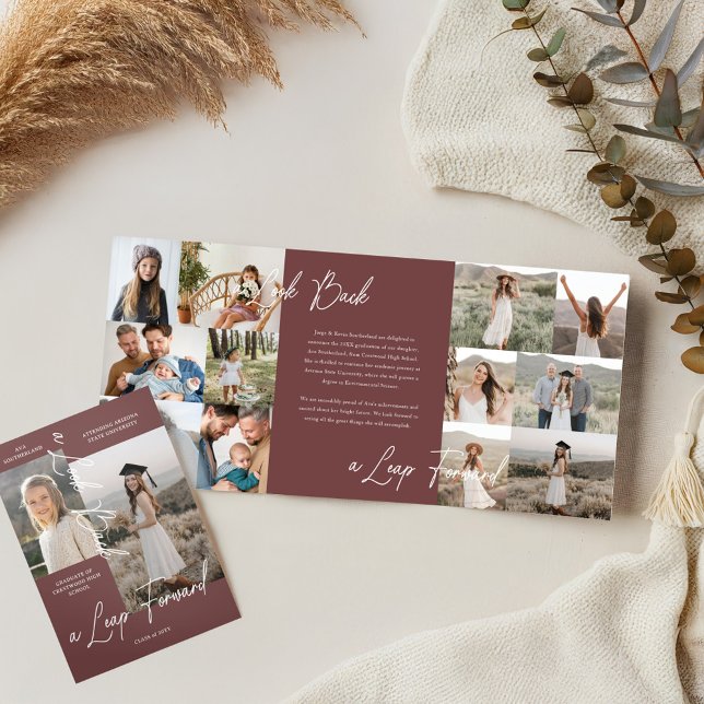 Graduierungsparty Dann & Jetzt Grad FotoCollage Dreifach Gefaltete Ankündigung (Graduation Party Then & Now Grad Photo Collage Tri-Fold Announcement (Inside & Cover))