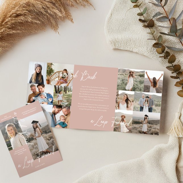 Graduierungsparty Dann & Jetzt Grad FotoCollage Dreifach Gefaltete Ankündigung (Graduation Party Then & Now Grad Photo Collage Tri-Fold Announcement (Inside & Cover))