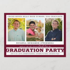 Graduierungsparty Drei Fotos Maroon & Silver Einladung