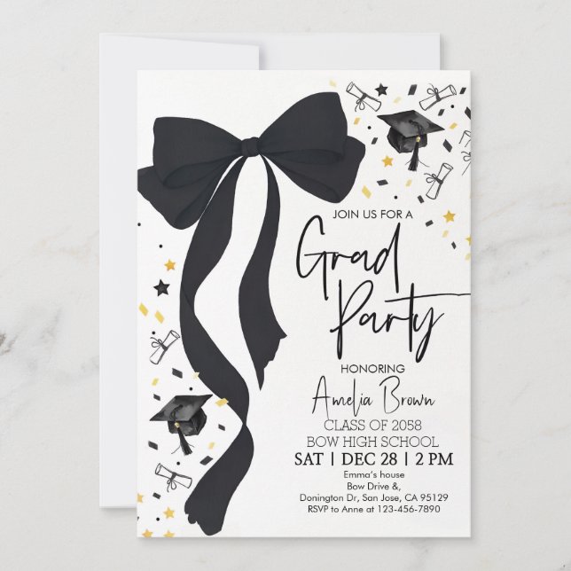 Graduierungsparty Einladung Coquette Black Bow Gra (Vorderseite)