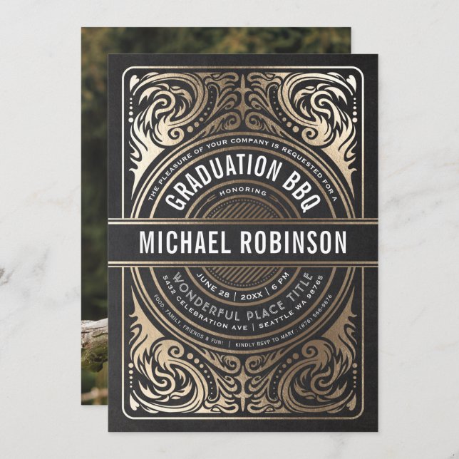 Graduierungsparty Einladungen Gold Foil Black Foto (Vorne/Hinten)