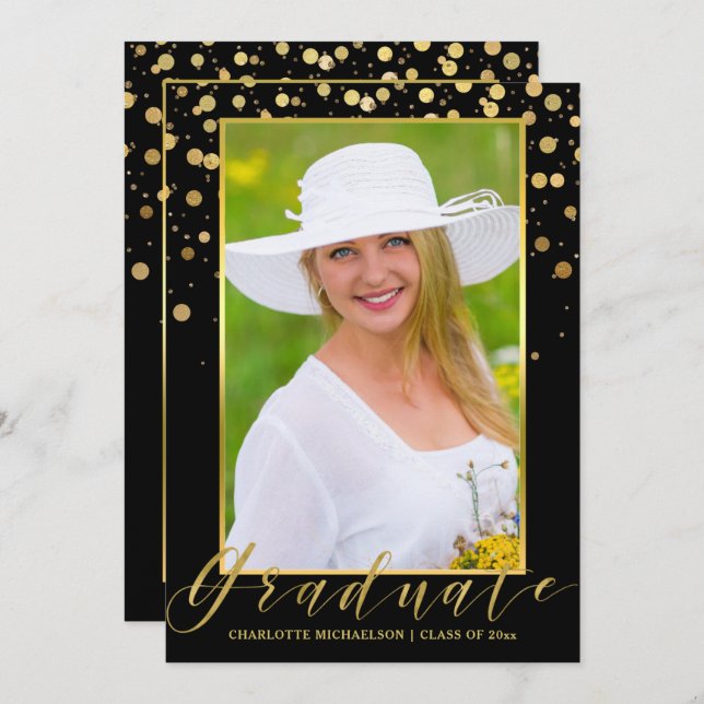 Graduierungsparty Elegantes Black Foto Gold Confet Einladung (Vorne/Hinten)