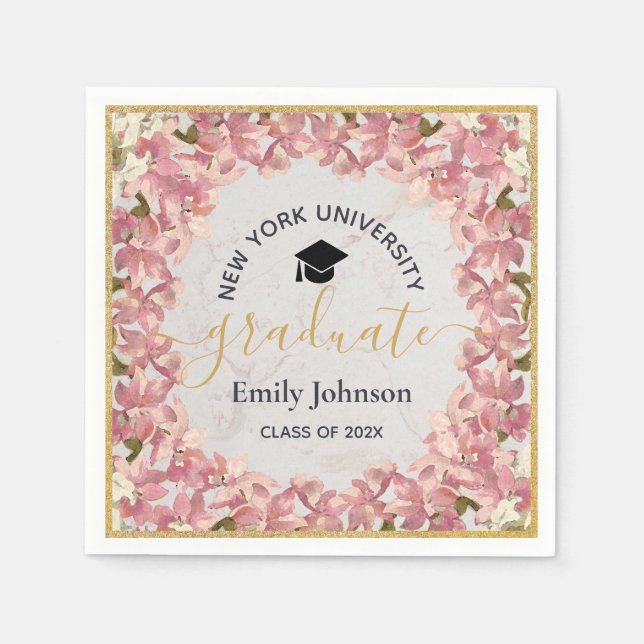 Graduierungsparty Floral Girly Pink Orchids Gold Serviette (Vorderseite)