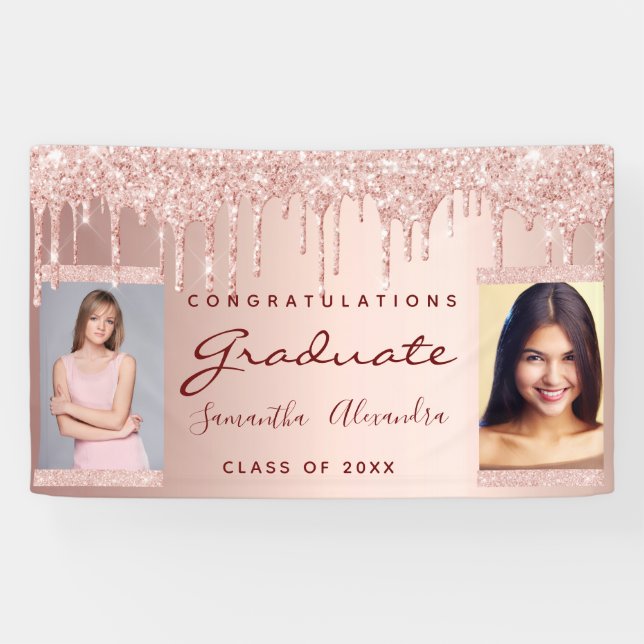 Graduierungsparty Foto Rose Gold Glitzer Duo Banner (Horizontal)