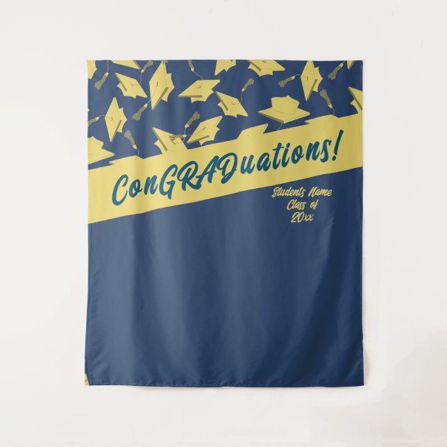 Graduierungsparty Fotobooth Blue Gold Mortarboards Wandteppich (Vorderseite)