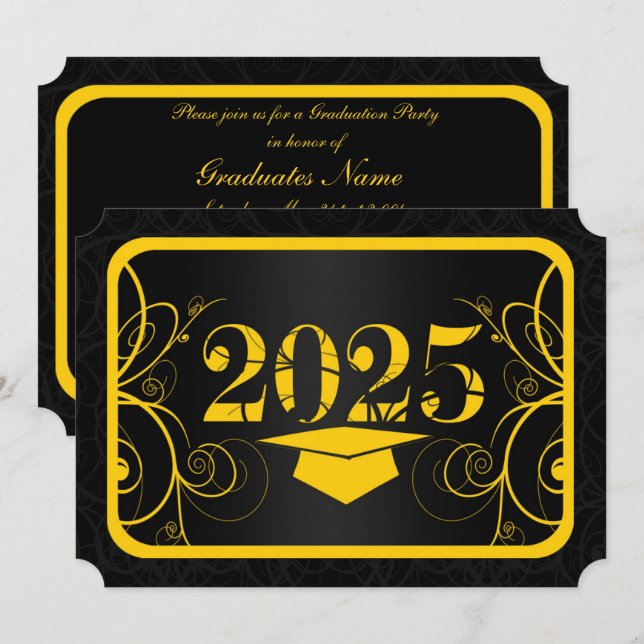 Graduierungsparty für Gelb und Schwarz Einladung (Vorne/Hinten)