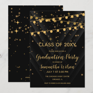 Graduierungsparty für Schwarz- und Gold-String-Lic Einladung