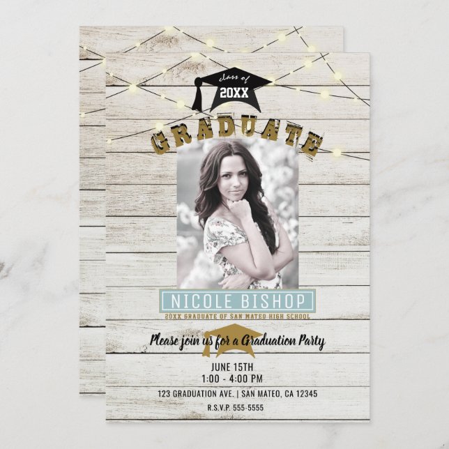 Graduierungsparty für Weißholz Lights Einladung (Vorne/Hinten)