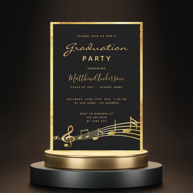 Graduierungsparty Glam schwarze Musik Gold Einladung (Von Creator hochgeladen)