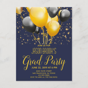 Graduierungsparty Gold Black Balloons auf schwarz Ankündigungspostkarte