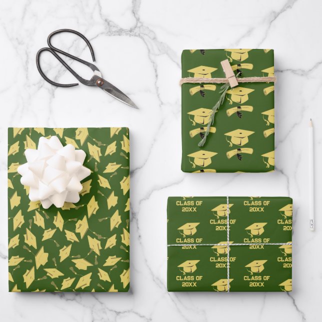 Graduierungsparty Gold Caps auf Green Gift Wrap Geschenkpapier Set (Vorderseite)