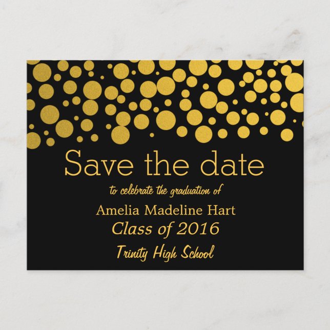 Graduierungsparty Gold Foil Confetti Save the Date Ankündigungspostkarte (Vorderseite)