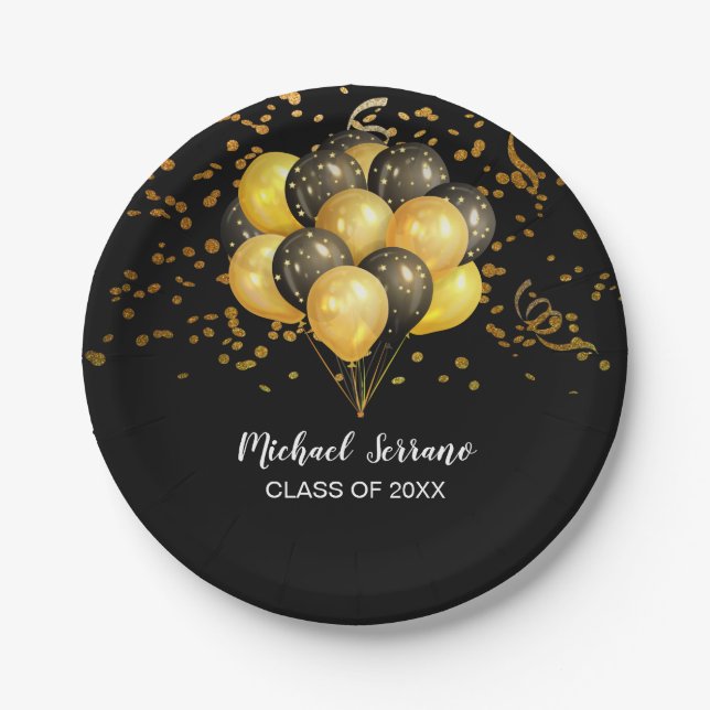 Graduierungsparty Gold und Black Balloons Confetti Pappteller (Vorderseite)