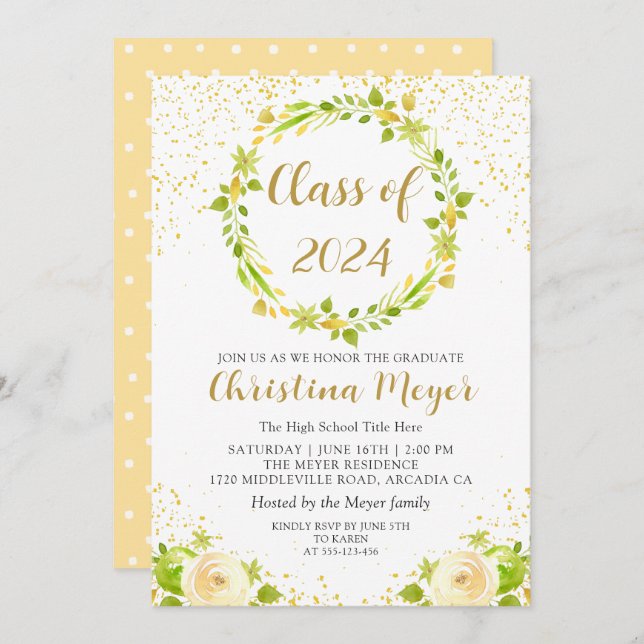 Graduierungsparty "Hellgelbe Blumengärten" Einladung (Vorne/Hinten)