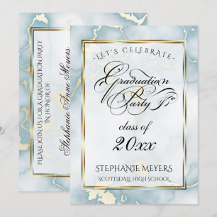 Graduierungsparty Light Blue & Gold Marmor Einladung