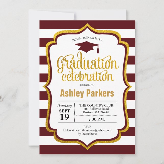 Graduierungsparty - Maroon Gold White Einladung (Vorderseite)