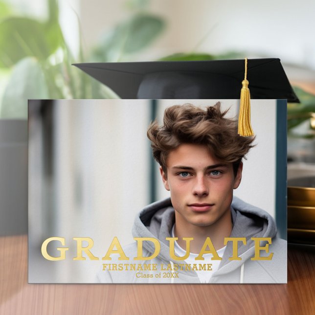 Graduierungsparty mit 4 Fotos Marine und Gold Folieneinladung (Graduation Party Invitation with Multiple Photos)