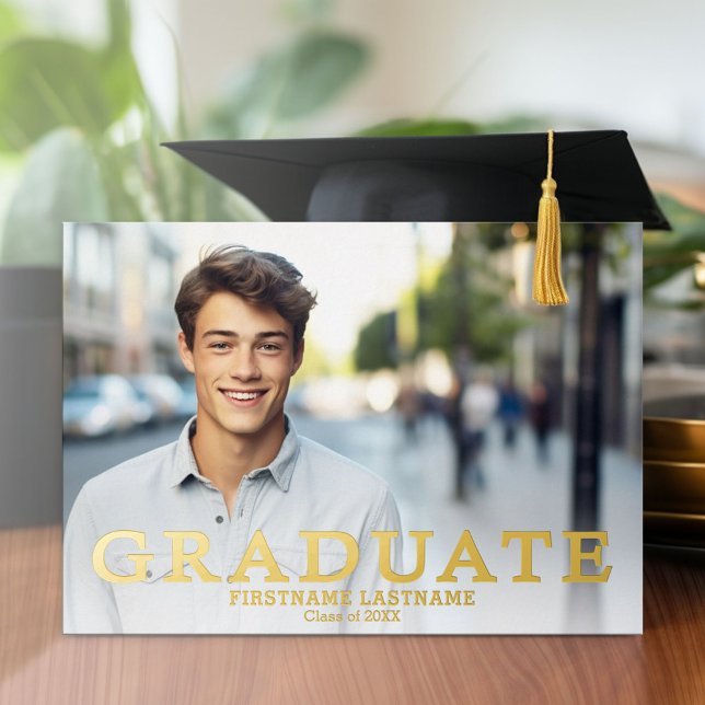 Graduierungsparty mit 4 Fotos Weiß und Gold Folieneinladung (Graduation Party Invitation with Multiple Photos)