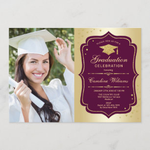Graduierungsparty mit Foto - Gold Burgund Einladung