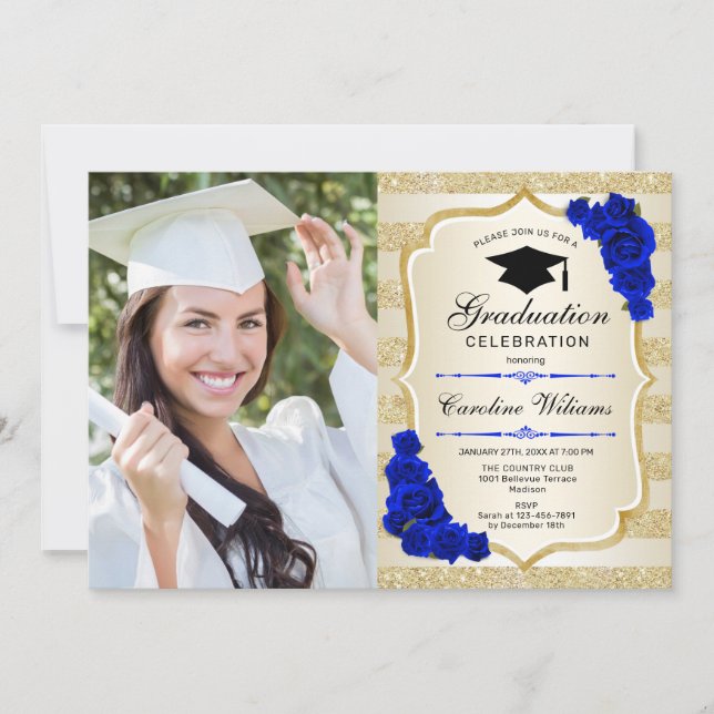 Graduierungsparty mit Foto - Gold Royal Blue Einladung (Vorderseite)