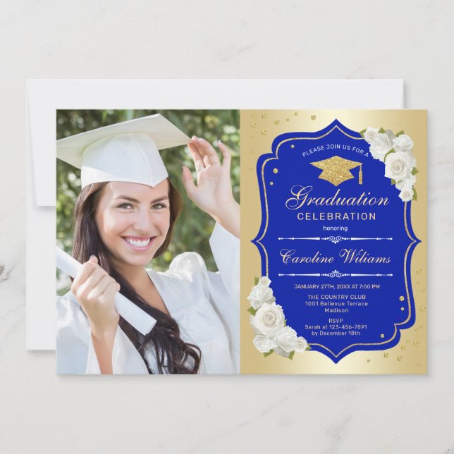 Graduierungsparty mit Foto - Gold Royal Blue Einladung (Vorderseite)