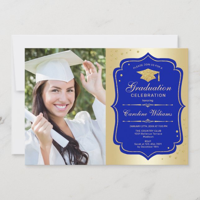 Graduierungsparty mit Foto - Gold Royal Blue Einladung (Vorderseite)