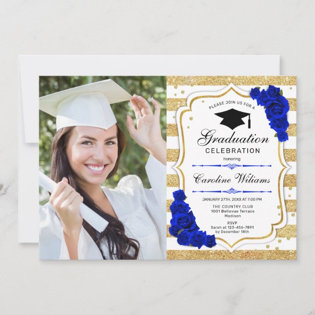 Graduierungsparty mit Foto - Gold Royal Blue Einladung (Vorderseite)
