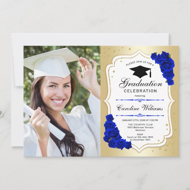 Graduierungsparty mit Foto - Gold Royal Blue Einladung (Vorderseite)