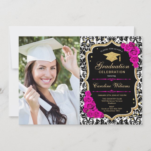 Graduierungsparty mit Foto - Hot Pink Gold Black Einladung (Vorderseite)