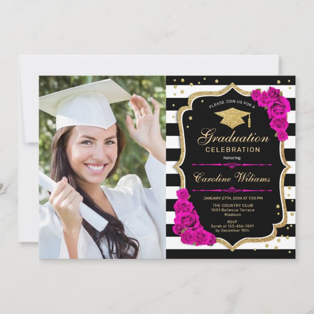 Graduierungsparty mit Foto - Hot Pink Gold Black Einladung (Vorderseite)