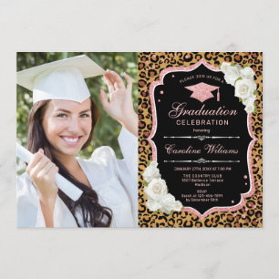 Graduierungsparty mit Foto - Leopard Rose Gold Einladung