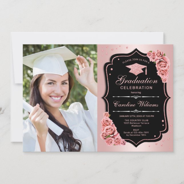 Graduierungsparty mit Foto - Rose Gold Black Einladung (Vorderseite)