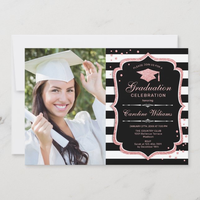 Graduierungsparty mit Foto - Rose Gold Black Einladung (Vorderseite)