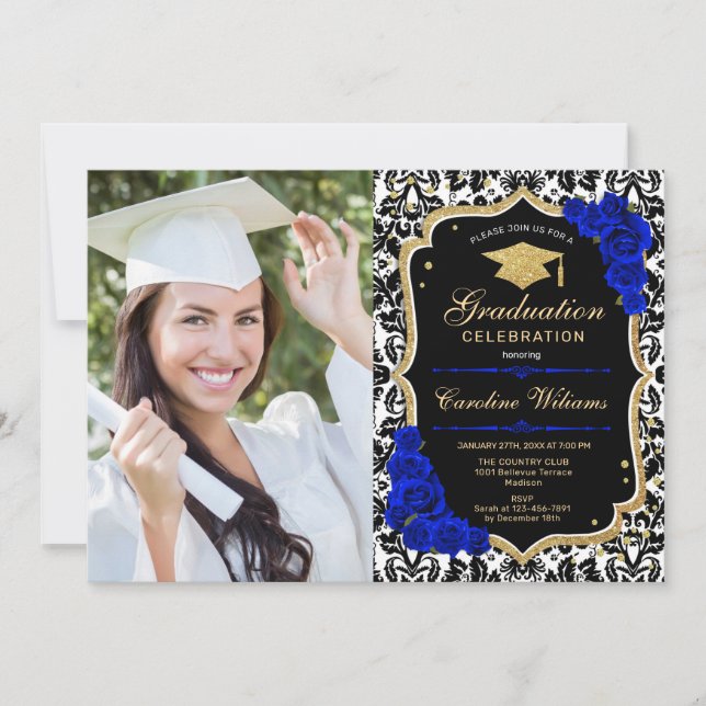 Graduierungsparty mit Foto - Royal Blue Gold Einladung (Vorderseite)