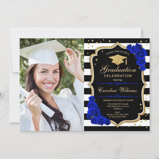 Graduierungsparty mit Foto - Royal Blue Gold Einladung (Vorderseite)